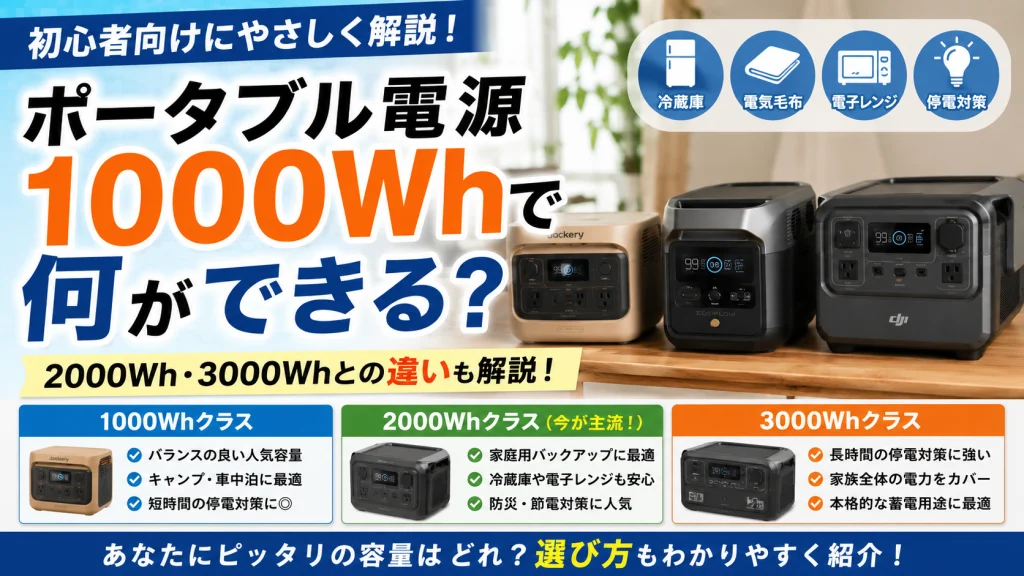 ポータブル電源1000Wh・2000Wh・3000Whの違いを比較したアイキャッチ画像