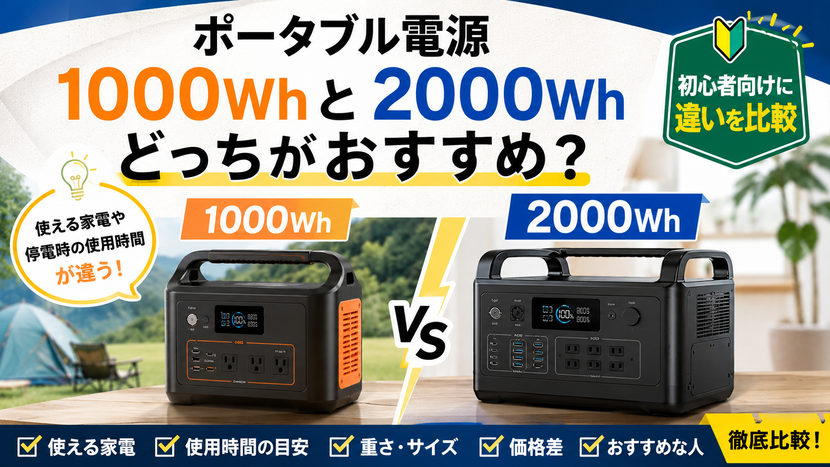 1000Whと2000Whのポータブル電源を比較し、使える家電・停電時の使用時間・サイズや価格差を初心者向けに解説しているアイキャッチ画像