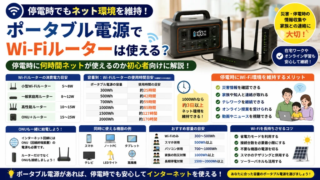 ポータブル電源でWi-Fiルーターを利用し、停電時でもインターネット環境を維持する方法を解説したアイキャッチ画像。使用時間の目安や必要容量、防災対策について初心者向けに紹介している。