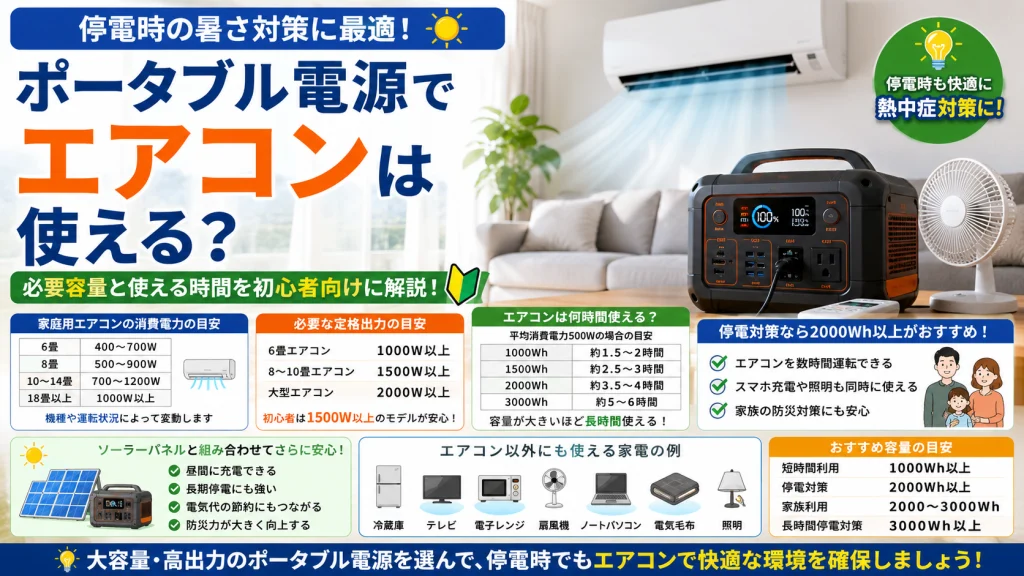 ポータブル電源でエアコンを使用できるかを解説したアイキャッチ画像。必要な容量や定格出力、停電時に使える時間の目安、熱中症対策としての活用方法について初心者向けに紹介している。