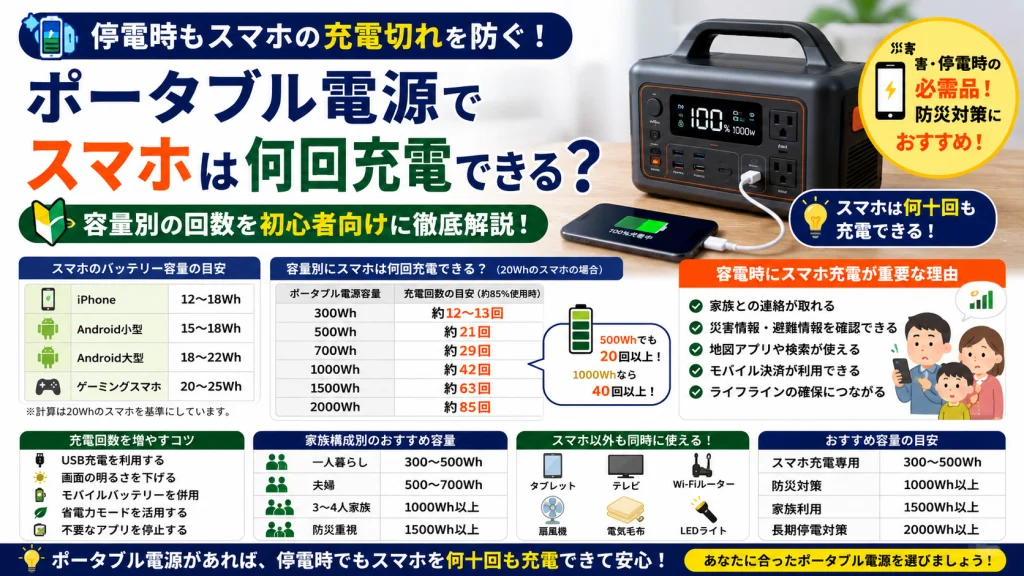 ポータブル電源でスマホを何回充電できるのかを解説したアイキャッチ画像。容量別の充電回数や停電時の活用方法、防災対策としておすすめの容量選びについて初心者向けに紹介している。