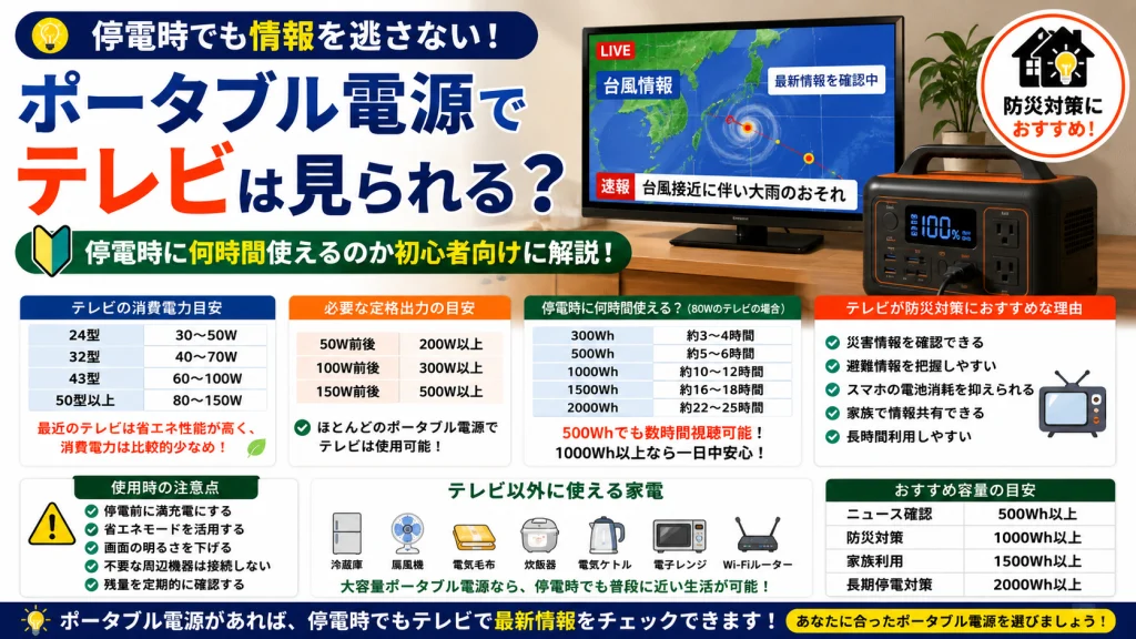 ポータブル電源でテレビを視聴できるかを解説したアイキャッチ画像。停電時に何時間使えるのかの目安や必要容量、防災対策としての活用方法について初心者向けに紹介している。