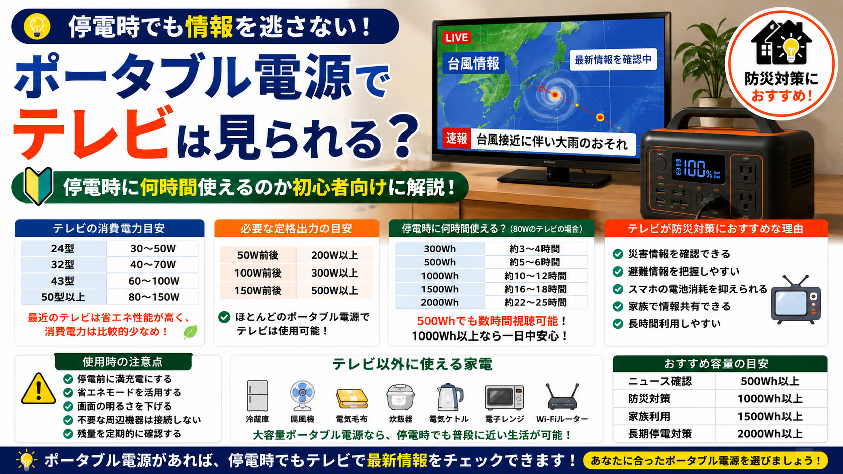 ポータブル電源でテレビを視聴できるかを解説したアイキャッチ画像。停電時に何時間使えるのかの目安や必要容量、防災対策としての活用方法について初心者向けに紹介している。