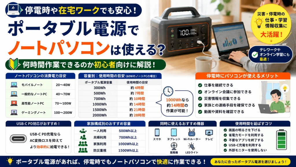 ポータブル電源でノートパソコンを使用できるかを解説したアイキャッチ画像。停電時や在宅ワークで何時間作業できるのかの目安や必要容量、おすすめの選び方について初心者向けに紹介している。