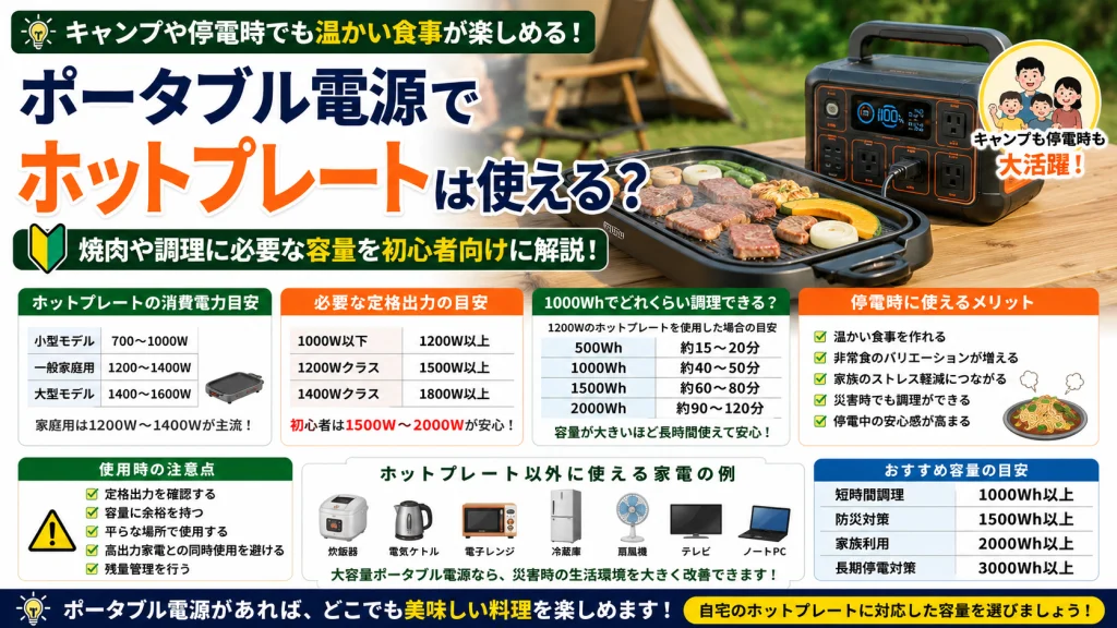 ポータブル電源でホットプレートを使用できるかを解説したアイキャッチ画像。必要な出力や容量、焼肉や調理ができる時間の目安、キャンプや車中泊、停電時の活用方法について初心者向けに紹介している。