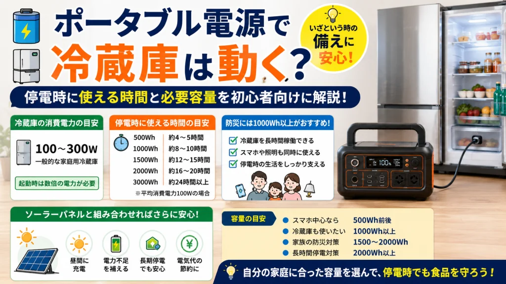 ポータブル電源で冷蔵庫を動かせるのかを解説したアイキャッチ画像。停電時の使用時間や必要容量の目安、防災対策に適した容量選びについて初心者向けにわかりやすく紹介している。