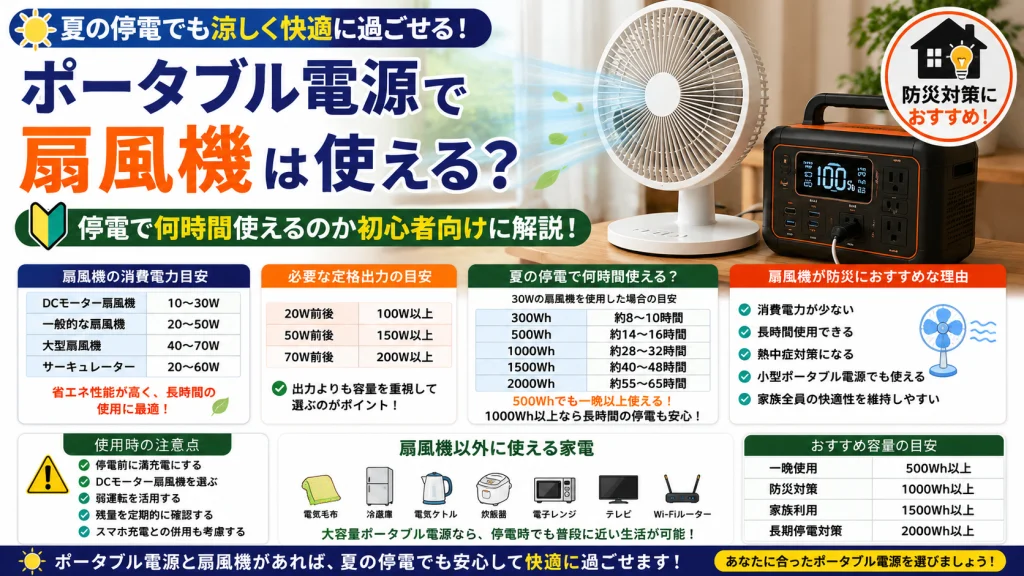 ポータブル電源で扇風機を使用できるかを解説したアイキャッチ画像。夏の停電時に何時間使えるのかの目安や必要容量、熱中症対策としての活用方法について初心者向けに紹介している。
