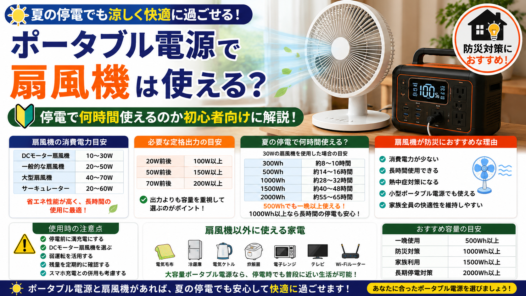 ポータブル電源で扇風機を使用できるかを解説したアイキャッチ画像。夏の停電時に何時間使えるのかの目安や必要容量、熱中症対策としての活用方法について初心者向けに紹介している。