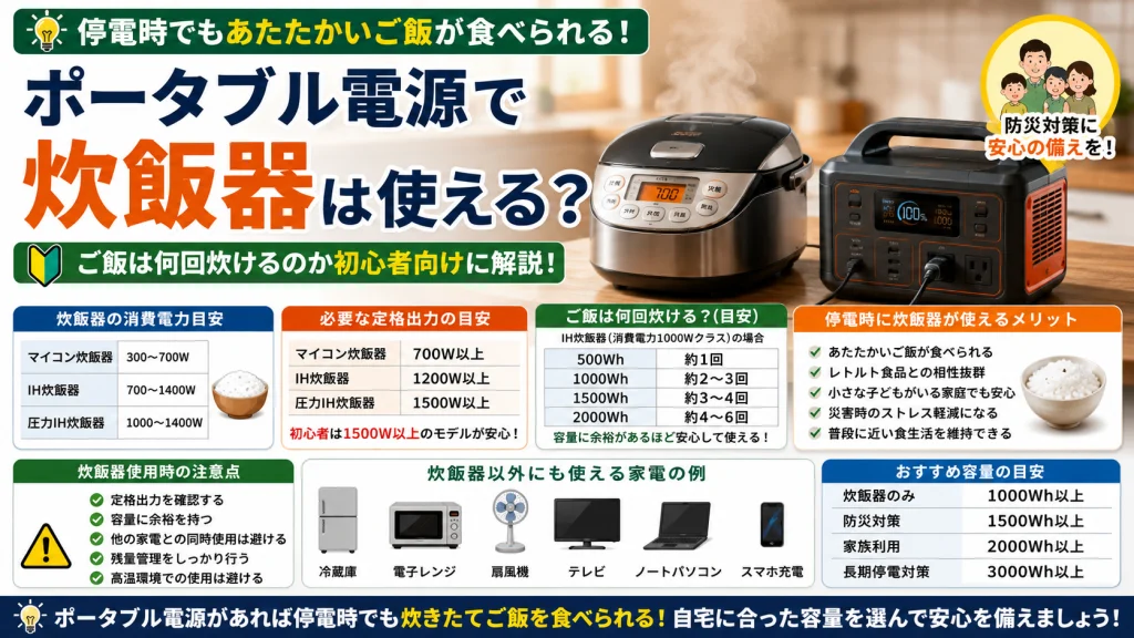 ポータブル電源で炊飯器を使用できるかを解説したアイキャッチ画像。必要な出力や容量、ご飯を炊ける回数の目安、停電時の活用方法や防災対策に適したモデル選びについて初心者向けに紹介している。