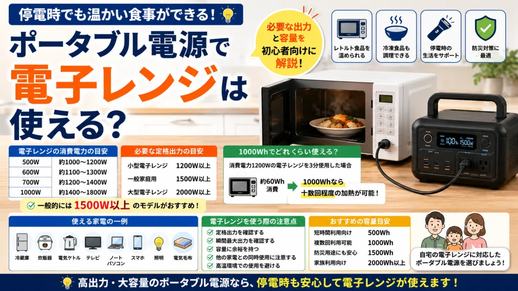 ポータブル電源で電子レンジを使用できるかを解説したアイキャッチ画像。必要な出力や容量の目安、停電時の活用方法、防災対策に適したモデル選びについて初心者向けに紹介している。