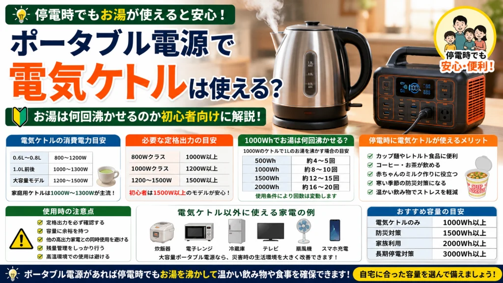 ポータブル電源で電気ケトルを使用できるかを解説したアイキャッチ画像。必要な出力や容量、お湯を沸かせる回数の目安、停電時の活用方法や防災対策に適したモデル選びについて初心者向けに紹介している。