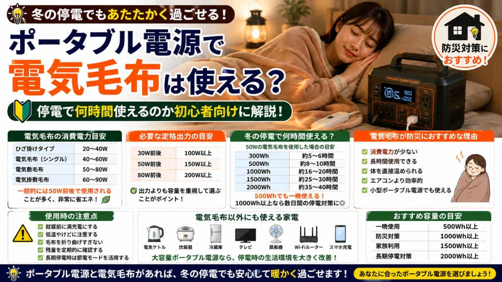 ポータブル電源で電気毛布を使用できるかを解説したアイキャッチ画像。冬の停電時に何時間使えるのかの目安や必要容量、防災対策としての活用方法について初心者向けに紹介している。