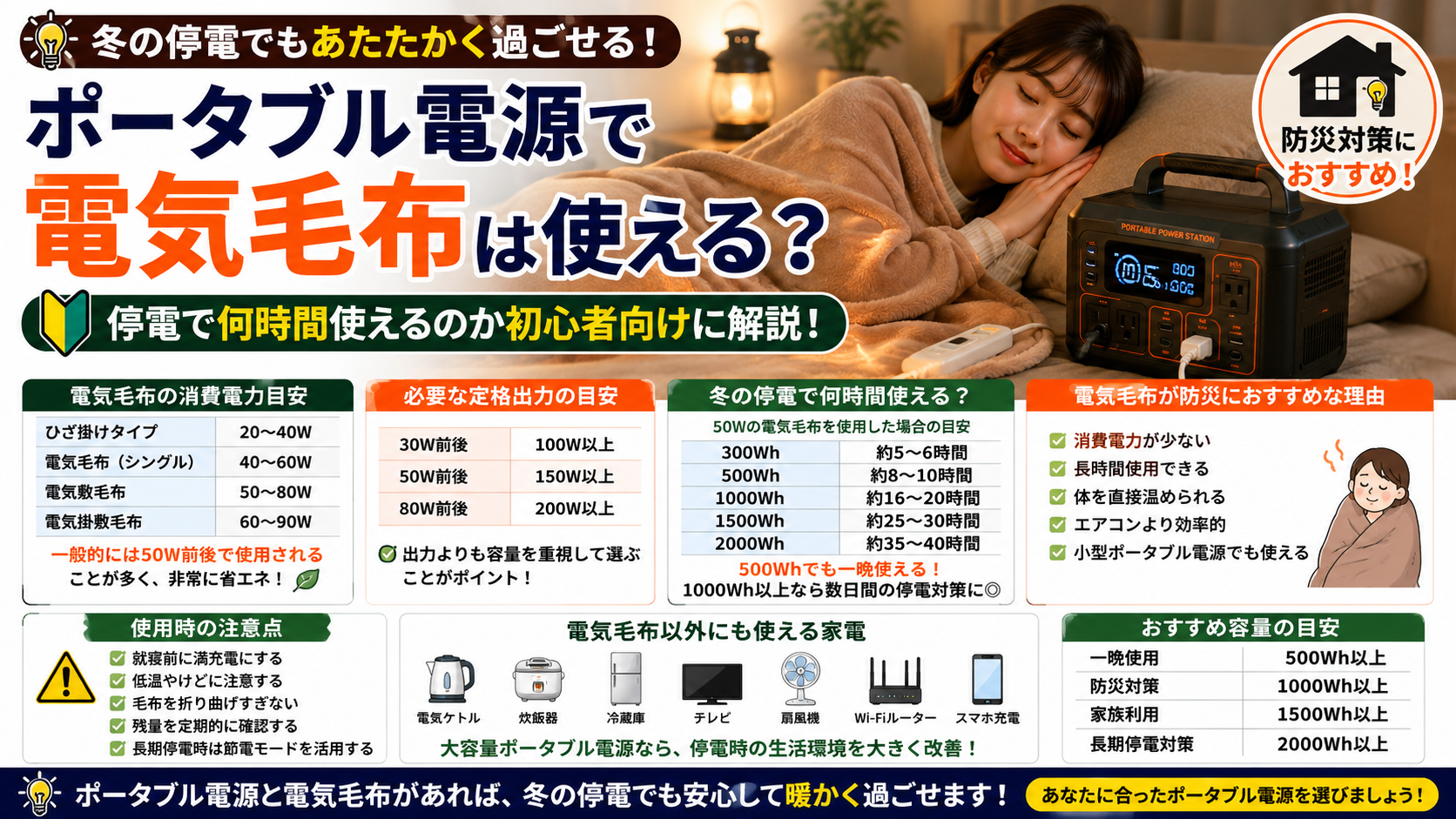 ポータブル電源で電気毛布を使用できるかを解説したアイキャッチ画像。冬の停電時に何時間使えるのかの目安や必要容量、防災対策としての活用方法について初心者向けに紹介している。