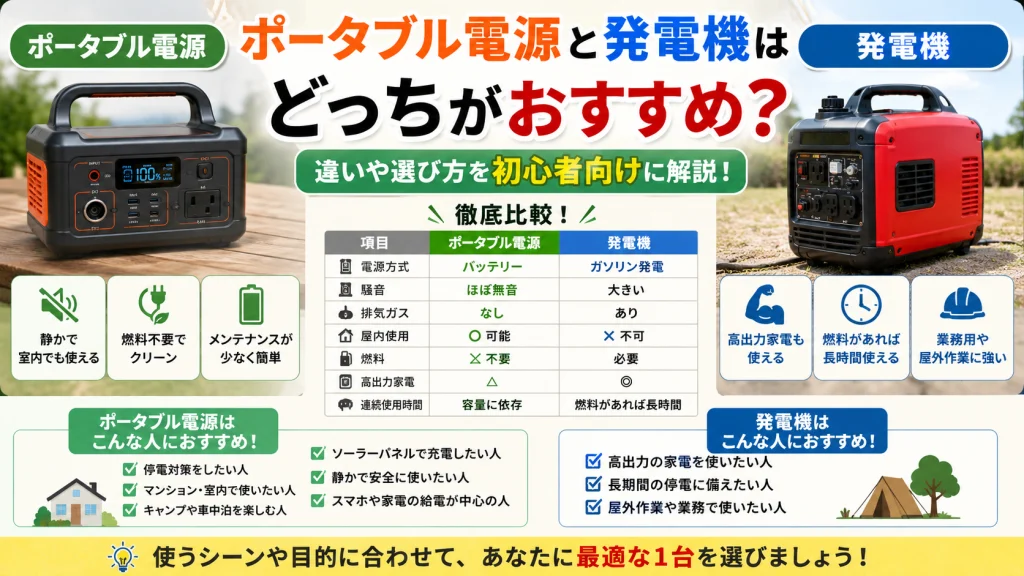 ポータブル電源と発電機を比較しているアイキャッチ画像。停電対策や防災用途でどちらが適しているのか、騒音や燃料、屋内利用の可否、安全性などの違いを初心者向けにわかりやすく解説している。