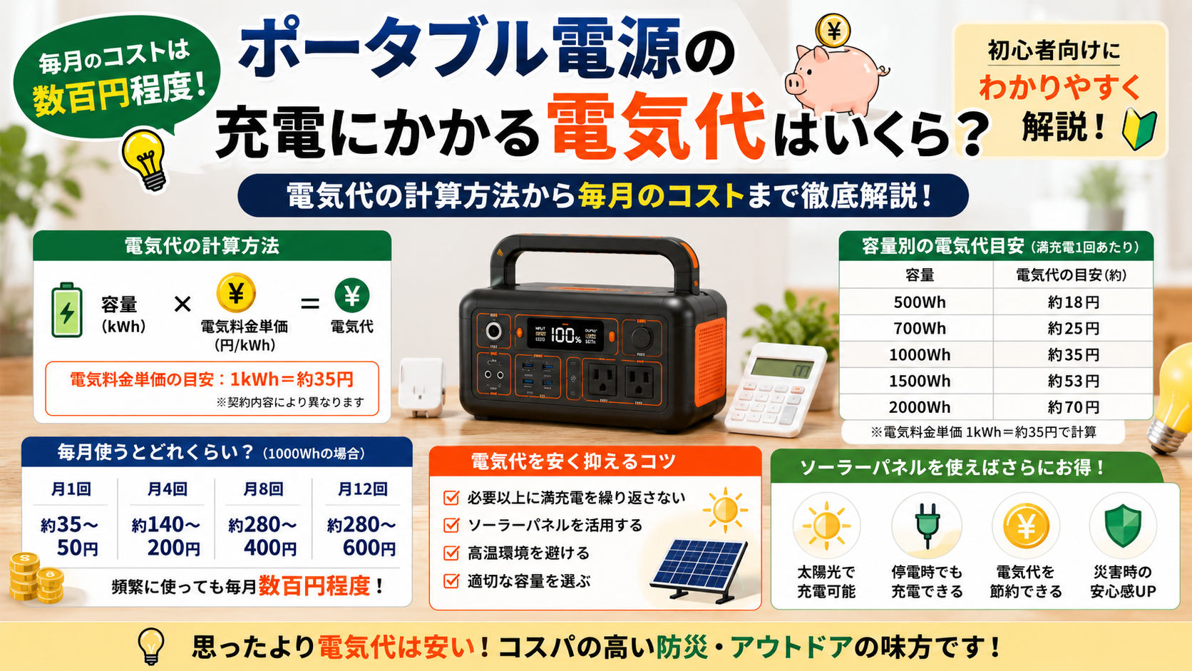 ポータブル電源の充電にかかる電気代をわかりやすく解説したアイキャッチ画像。容量ごとの充電コストや毎月の電気代の目安、ソーラーパネルによる節約方法などを初心者向けに紹介している。