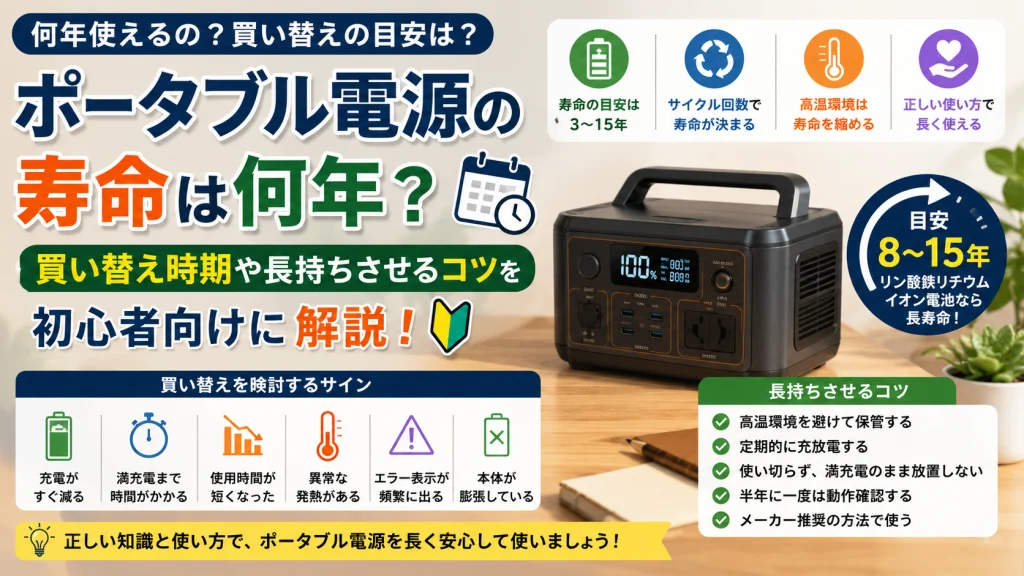 ポータブル電源の寿命や買い替え時期をテーマにしたアイキャッチ画像。リン酸鉄リチウムイオン電池の長寿命性能やサイクル回数、バッテリーを長持ちさせるコツ、買い替えを検討するサインについて初心者向けにわかりやすく解説している。