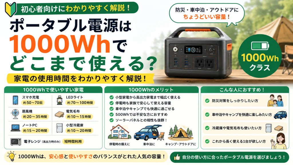 ポータブル電源1000Whで使える家電や使用時間の目安を初心者向けに解説したアイキャッチ画像