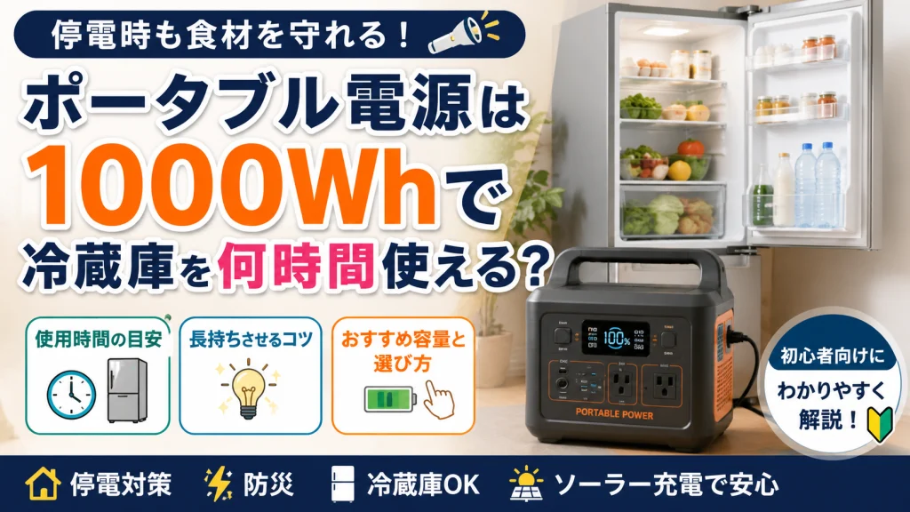 1000Whのポータブル電源で冷蔵庫を何時間使えるのかを解説しているアイキャッチ画像。停電対策や防災向けに初心者でもわかりやすいデザイン。
