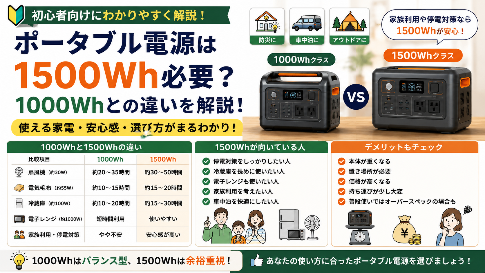 ポータブル電源1500Whと1000Whの違いや使える家電を比較解説したアイキャッチ画像