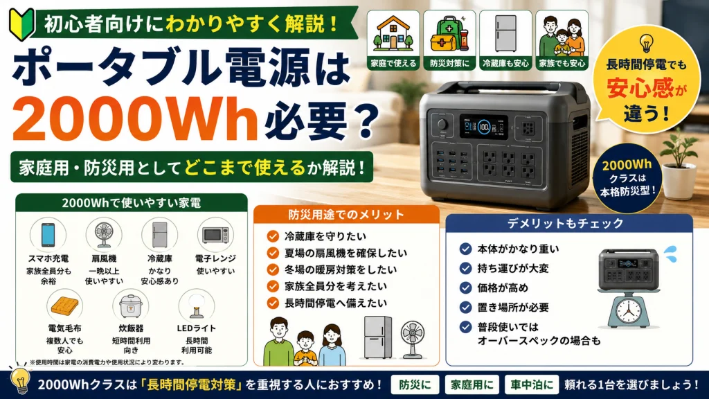 ポータブル電源2000Whで使える家電や家庭用・防災用途を初心者向けに解説したアイキャッチ画像