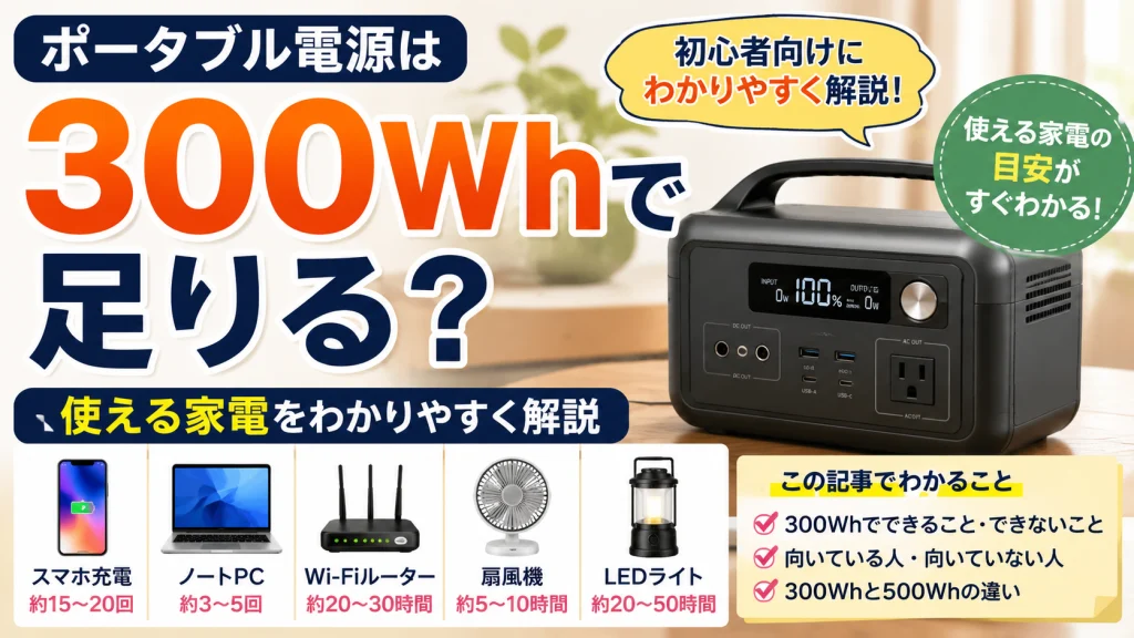 ポータブル電源300Whで足りるのかを解説するアイキャッチ画像。300Whで使える家電の目安としてスマホ充電、ノートパソコン、Wi-Fiルーター、扇風機、LEDライトを紹介し、初心者向けにわかりやすく説明している。
