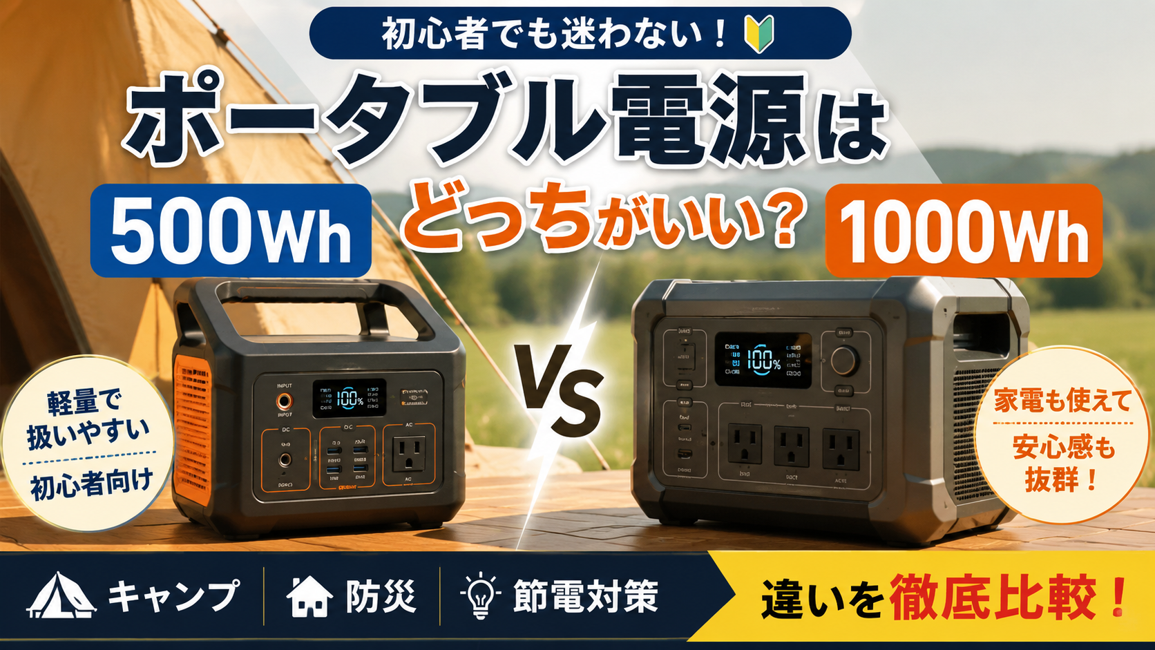 500Whと1000Whのポータブル電源を比較しているアイキャッチ画像。キャンプ・防災・節電対策向けに初心者でも違いがわかりやすいデザイン。