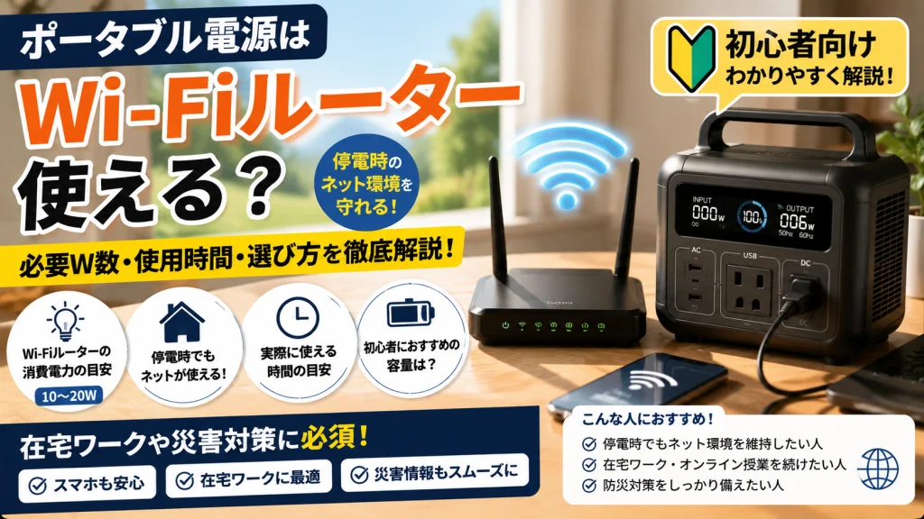 ポータブル電源でWi-Fiルーターを使い停電時でもネット環境を維持する様子を表現したアイキャッチ画像