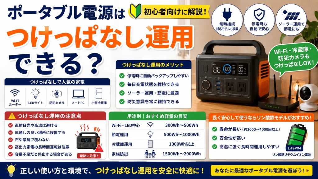 ポータブル電源のつけっぱなし運用や常時接続の注意点を初心者向けに解説しているアイキャッチ画像