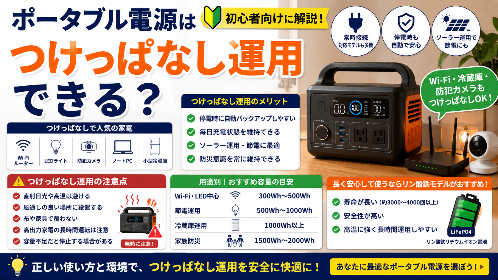ポータブル電源のつけっぱなし運用や常時接続の注意点を初心者向けに解説しているアイキャッチ画像