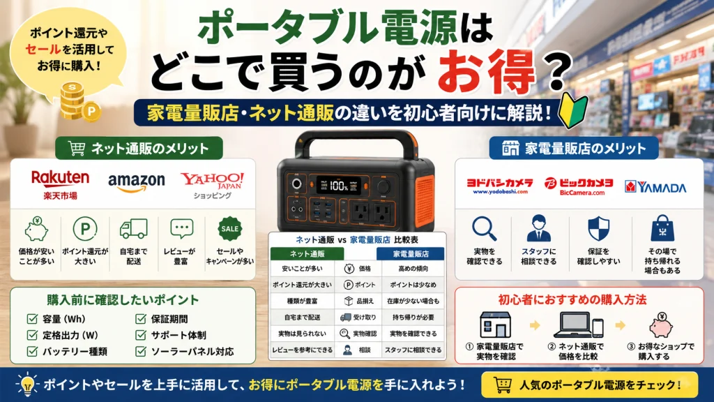 ポータブル電源の購入先選びをテーマにしたアイキャッチ画像。家電量販店とネット通販の違いを比較しながら、価格やポイント還元、保証内容などを確認してお得に購入する方法を初心者向けにわかりやすく解説している。