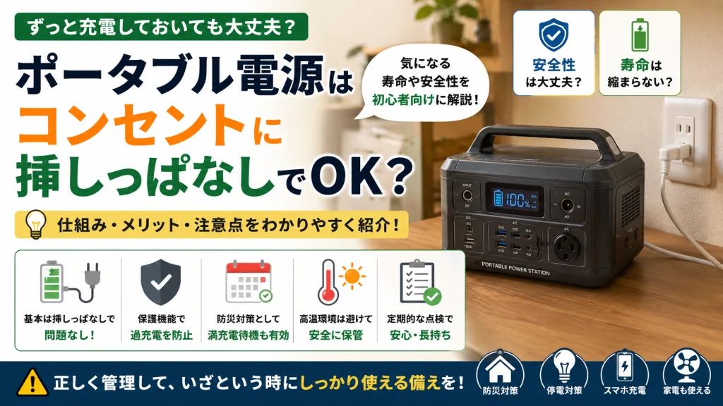 ポータブル電源をコンセントに接続したまま保管している様子を表現したアイキャッチ画像。挿しっぱなし運用による安全性やバッテリー寿命への影響、防災対策としての活用方法、長持ちさせるための管理ポイントを初心者向けにわかりやすく紹介している。
