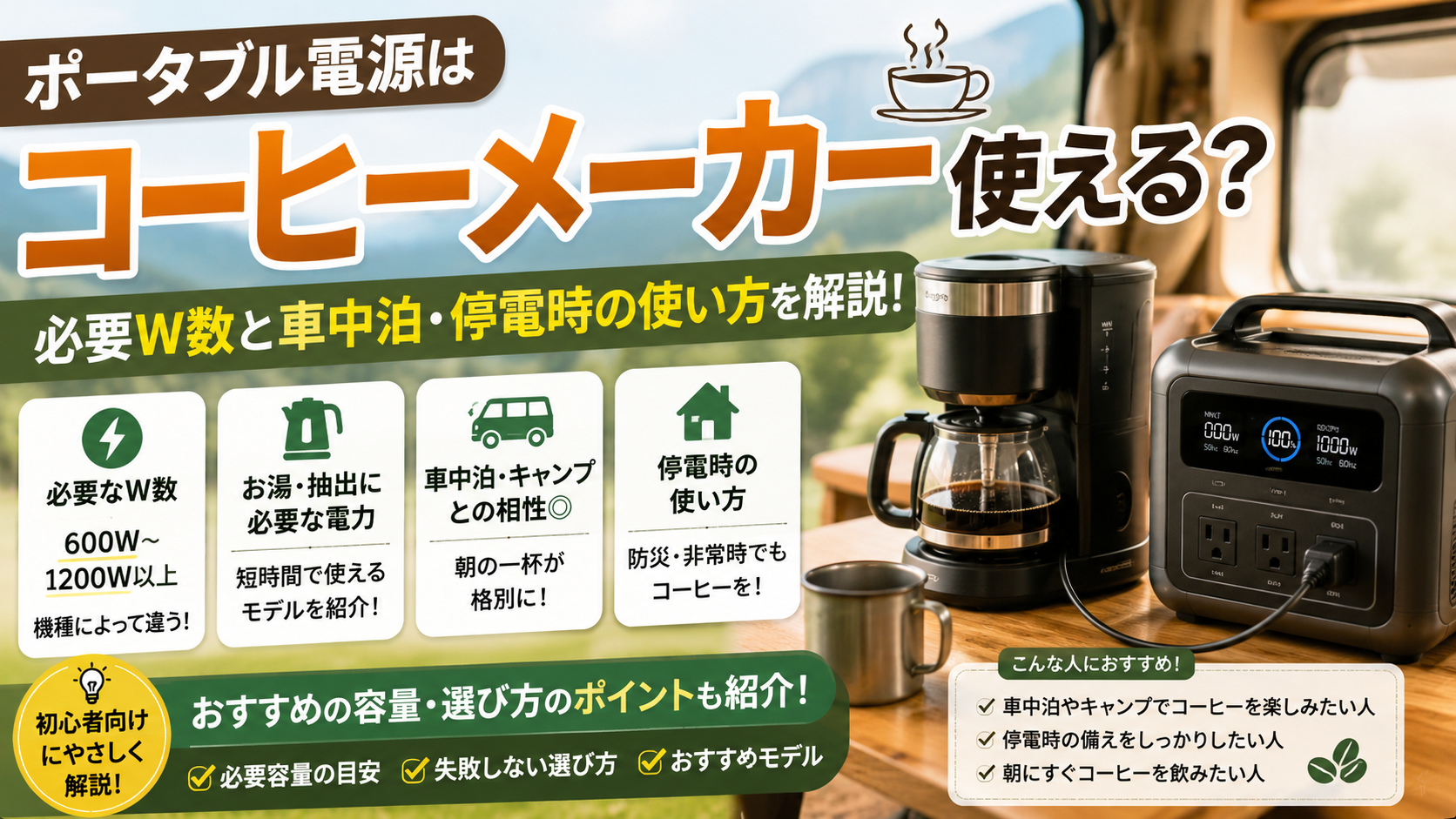 ポータブル電源とコーヒーメーカーを使って車中泊を楽しむ様子を表現したアイキャッチ画像
