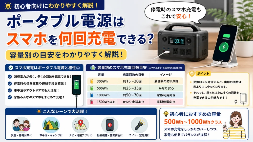 ポータブル電源でスマホを何回充電できるのか容量別目安を解説したアイキャッチ画像