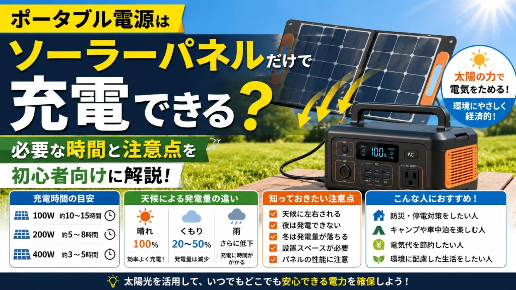 ソーラーパネルでポータブル電源を充電する様子を表現したアイキャッチ画像。太陽光発電による充電の仕組みや必要な充電時間、天候による発電量の違い、停電対策や防災活用について初心者向けにわかりやすく解説している。