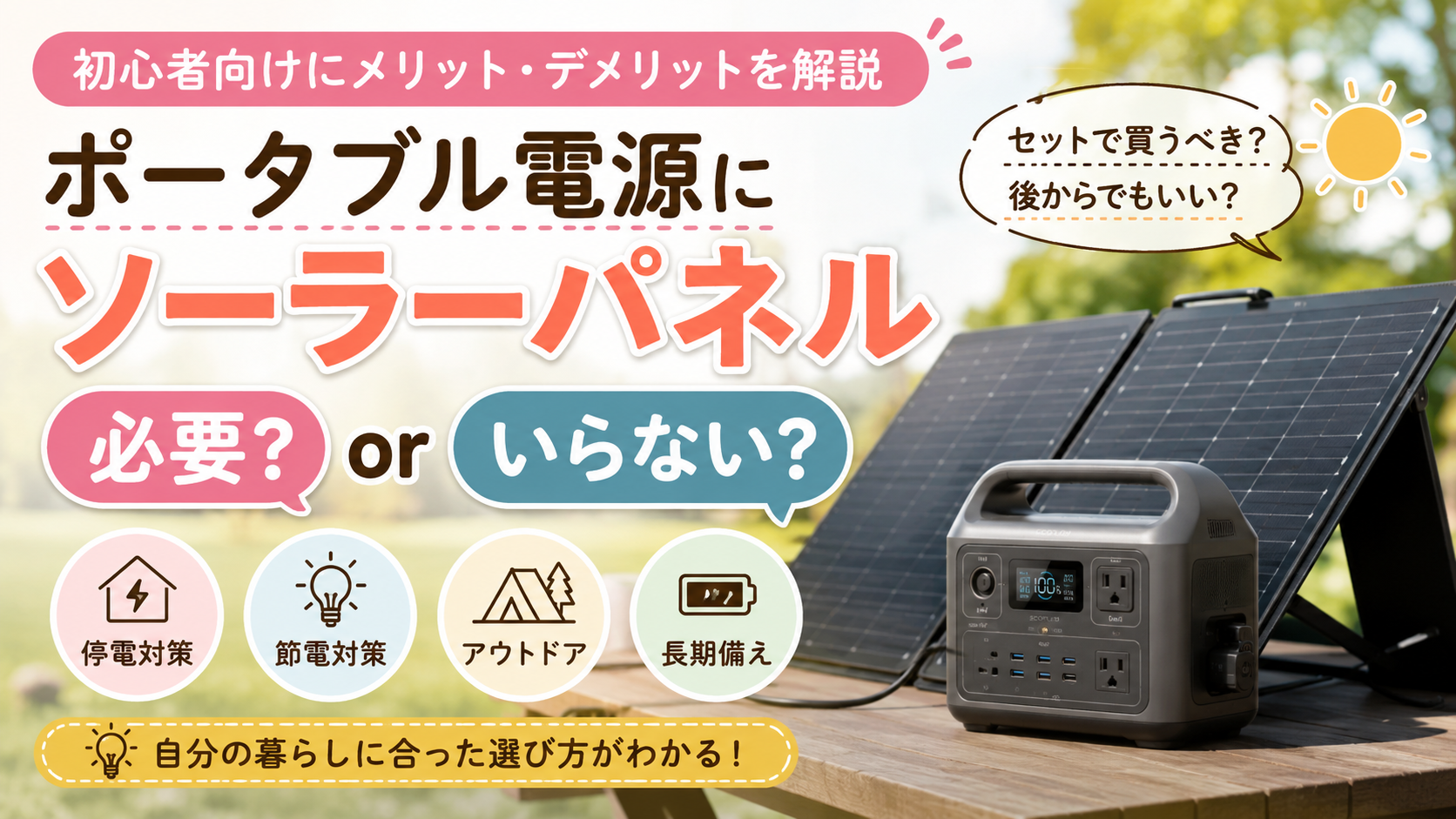 ポータブル電源とソーラーパネルの必要性を初心者向けに比較解説しているイメージ画像
