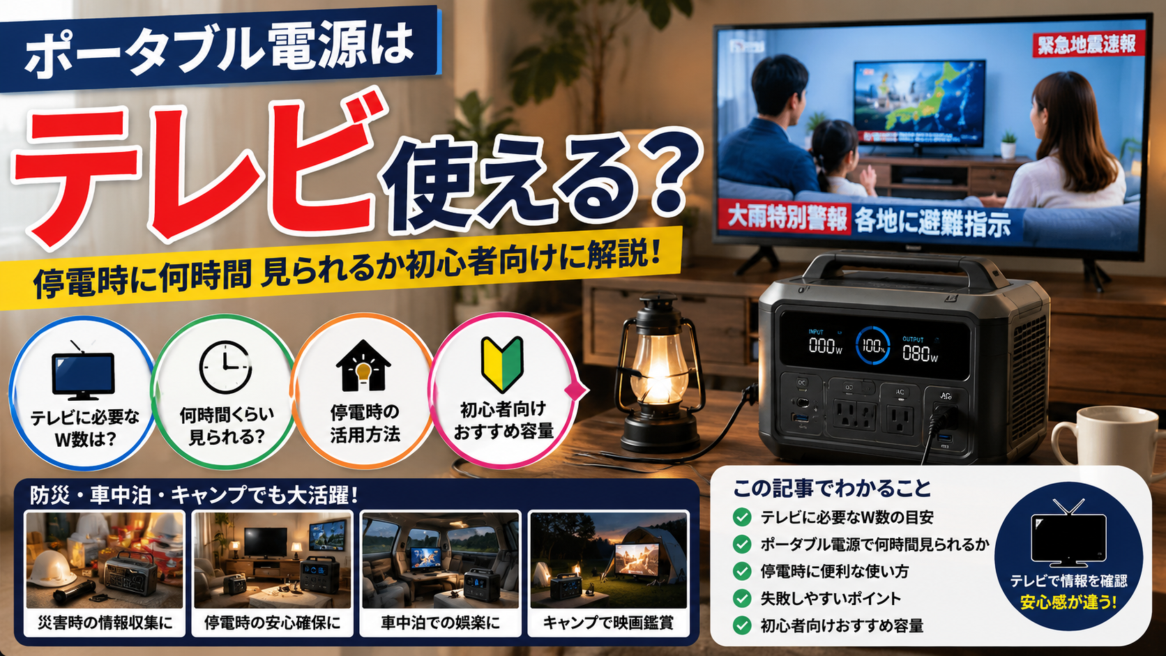 ポータブル電源でテレビを視聴している停電時のリビング風景をイメージした防災向けアイキャッチ画像