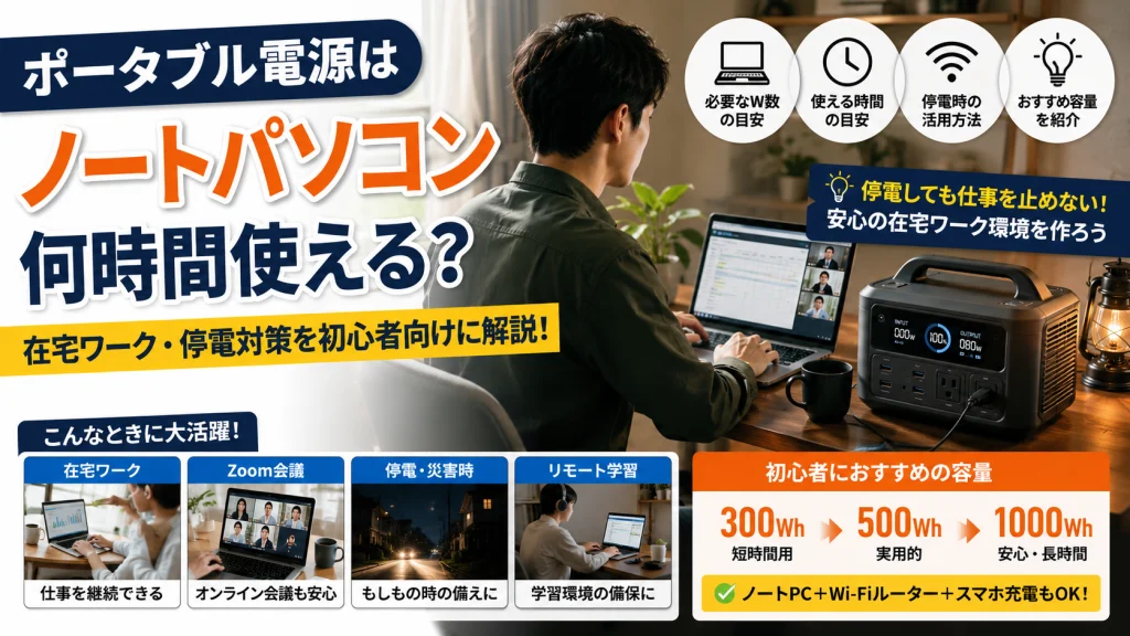 ポータブル電源を使ってノートパソコンで在宅ワークをしている様子と、停電時のWi-Fi・作業環境イメージ
