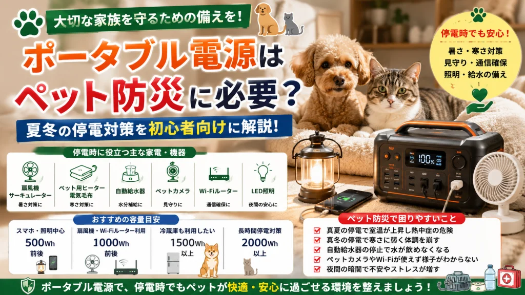 犬と猫がいる家庭でポータブル電源を活用する様子を表現したアイキャッチ画像。停電時でも扇風機やペット用ヒーター、自動給水器、Wi-Fiルーター、ペットカメラ、照明などを利用しながら安心して過ごせるペット防災対策を紹介している。