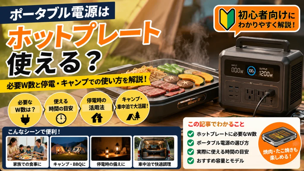 ポータブル電源とホットプレートを使ってキャンプ調理を楽しむ様子をイメージしたアイキャッチ画像