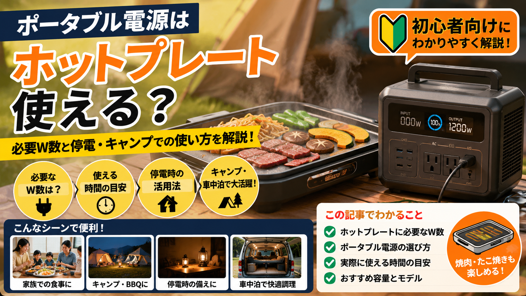 ポータブル電源とホットプレートを使ってキャンプ調理を楽しむ様子をイメージしたアイキャッチ画像