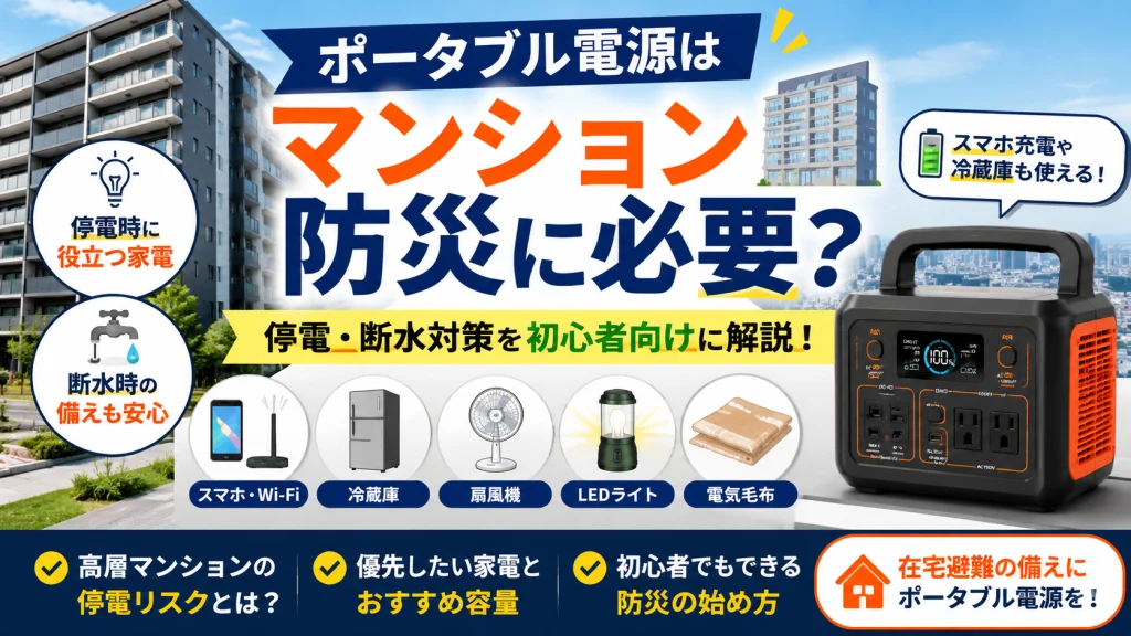 マンション防災向けにポータブル電源の必要性や停電・断水時に役立つ家電を紹介しているアイキャッチ画像