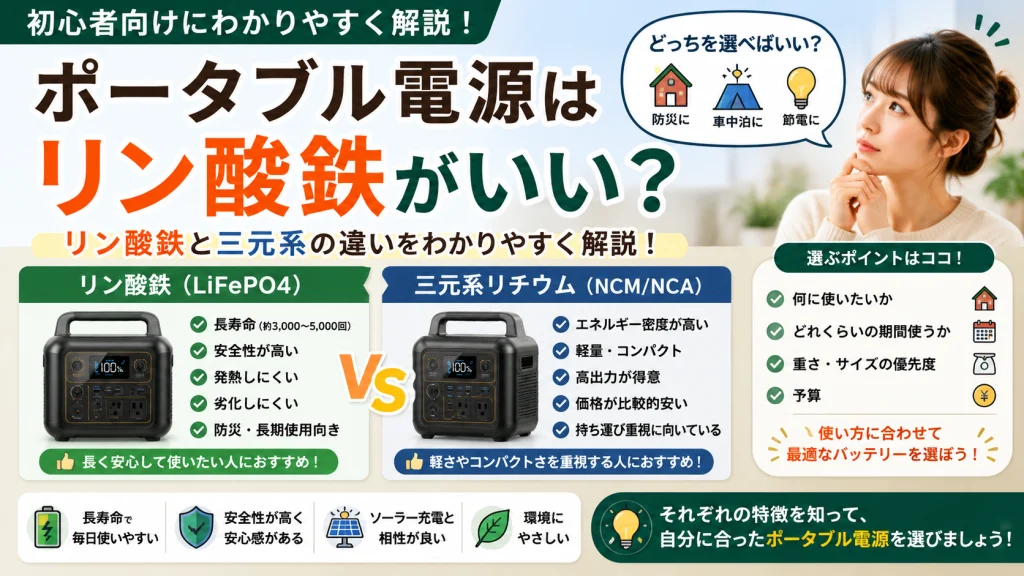 ポータブル電源のリン酸鉄と三元系バッテリーの違いを比較している初心者向け解説画像