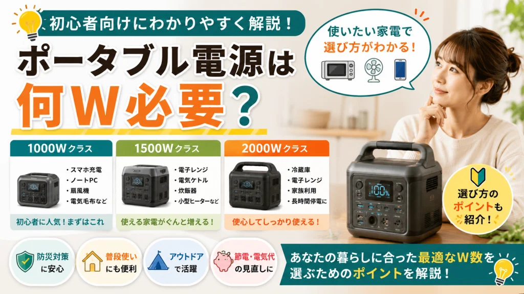 ポータブル電源は何W必要なのかを1000W・1500W・2000W別に比較している初心者向けイメージ画像