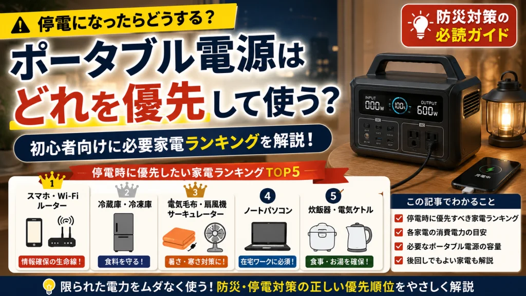 停電時にポータブル電源で優先して使う家電ランキングを紹介している防災向けアイキャッチ画像