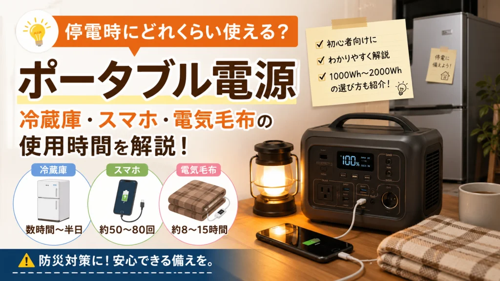 停電時にポータブル電源で冷蔵庫・スマホ・電気毛布を使っているイメージ画像