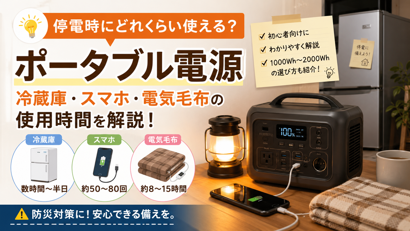 停電時にポータブル電源で冷蔵庫・スマホ・電気毛布を使っているイメージ画像
