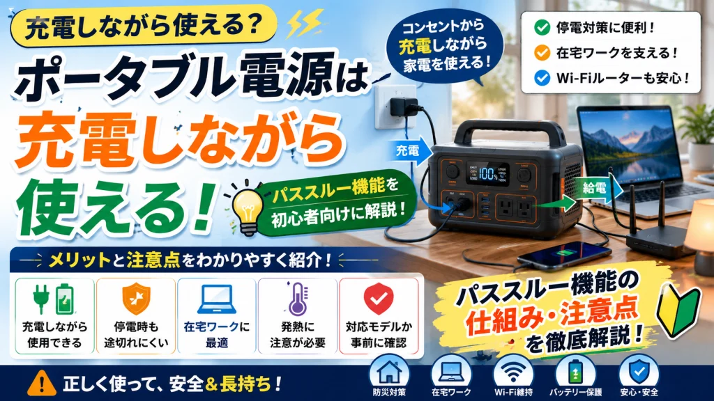 ポータブル電源を充電しながら家電へ給電している様子を表現したアイキャッチ画像。パススルー機能によってノートパソコンやWi-Fiルーターなどを利用しながら本体を充電できる仕組みをわかりやすく紹介し、停電対策や在宅ワークでの活用方法、安全な使い方について解説している。