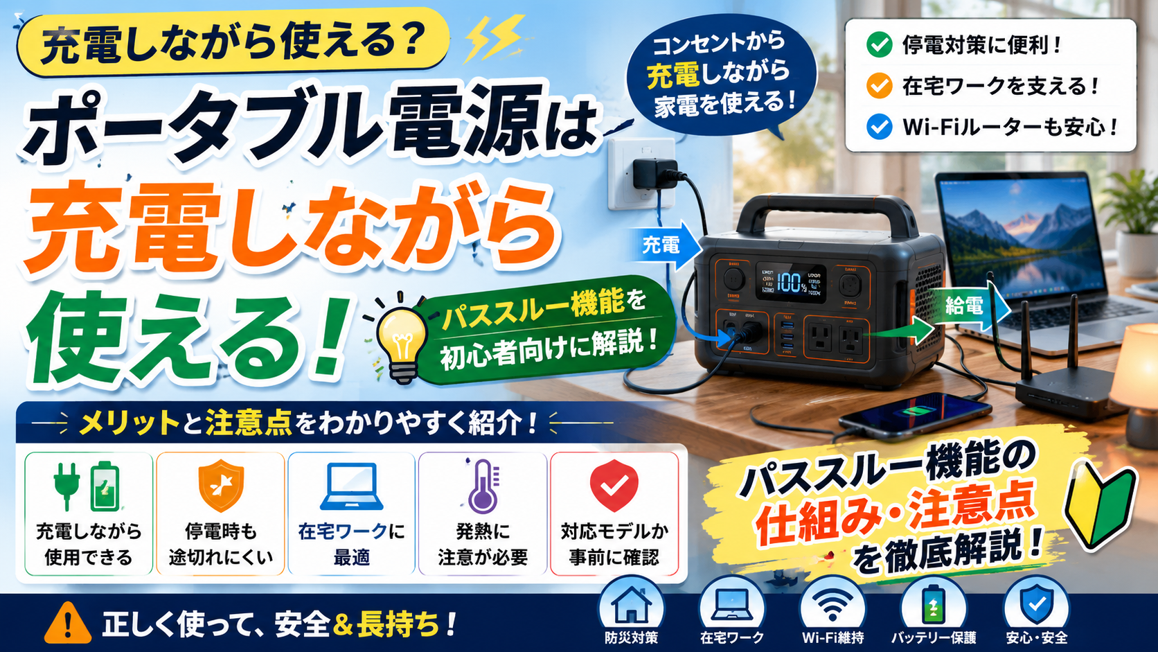 ポータブル電源を充電しながら家電へ給電している様子を表現したアイキャッチ画像。パススルー機能によってノートパソコンやWi-Fiルーターなどを利用しながら本体を充電できる仕組みをわかりやすく紹介し、停電対策や在宅ワークでの活用方法、安全な使い方について解説している。