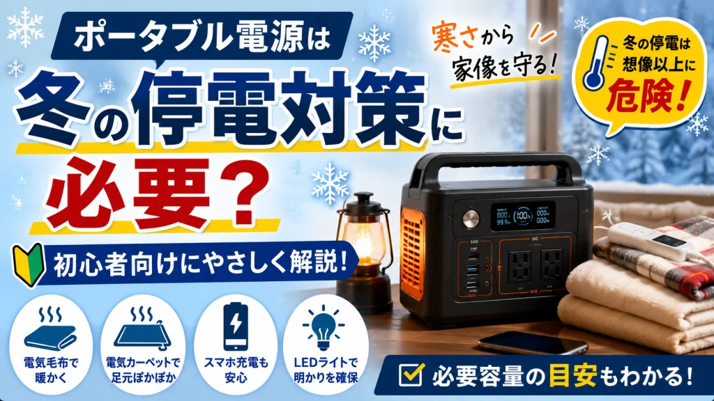冬の停電対策としてポータブル電源を活用するイメージ画像。電気毛布・LEDライト・スマホ充電など寒さ対策家電を冬の室内で使用している様子