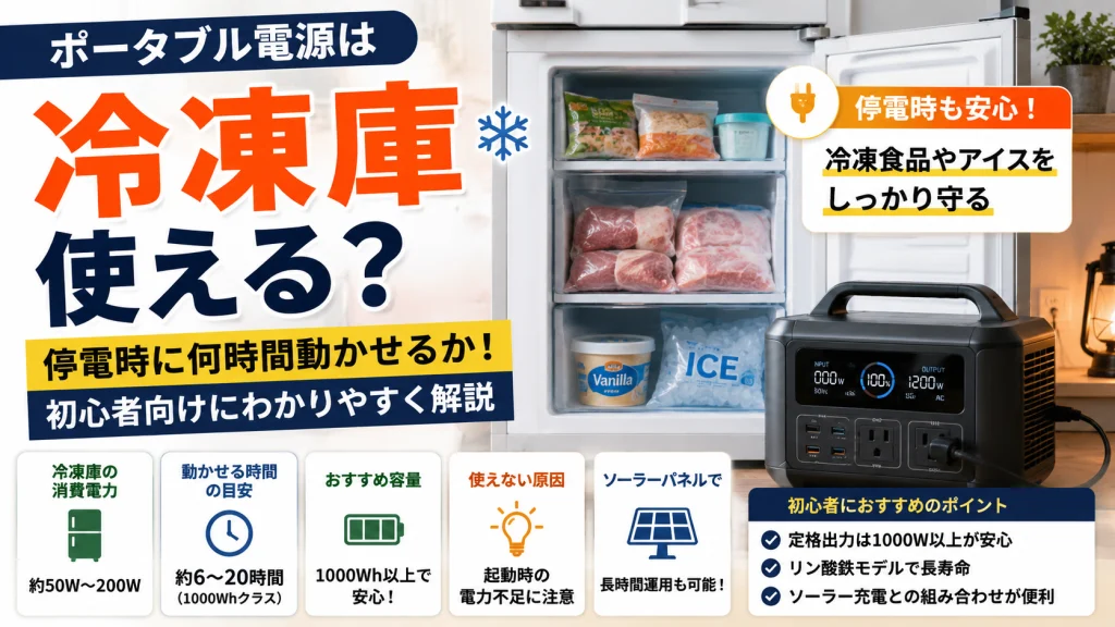 ポータブル電源と冷凍庫を組み合わせて停電対策を解説しているアイキャッチ画像